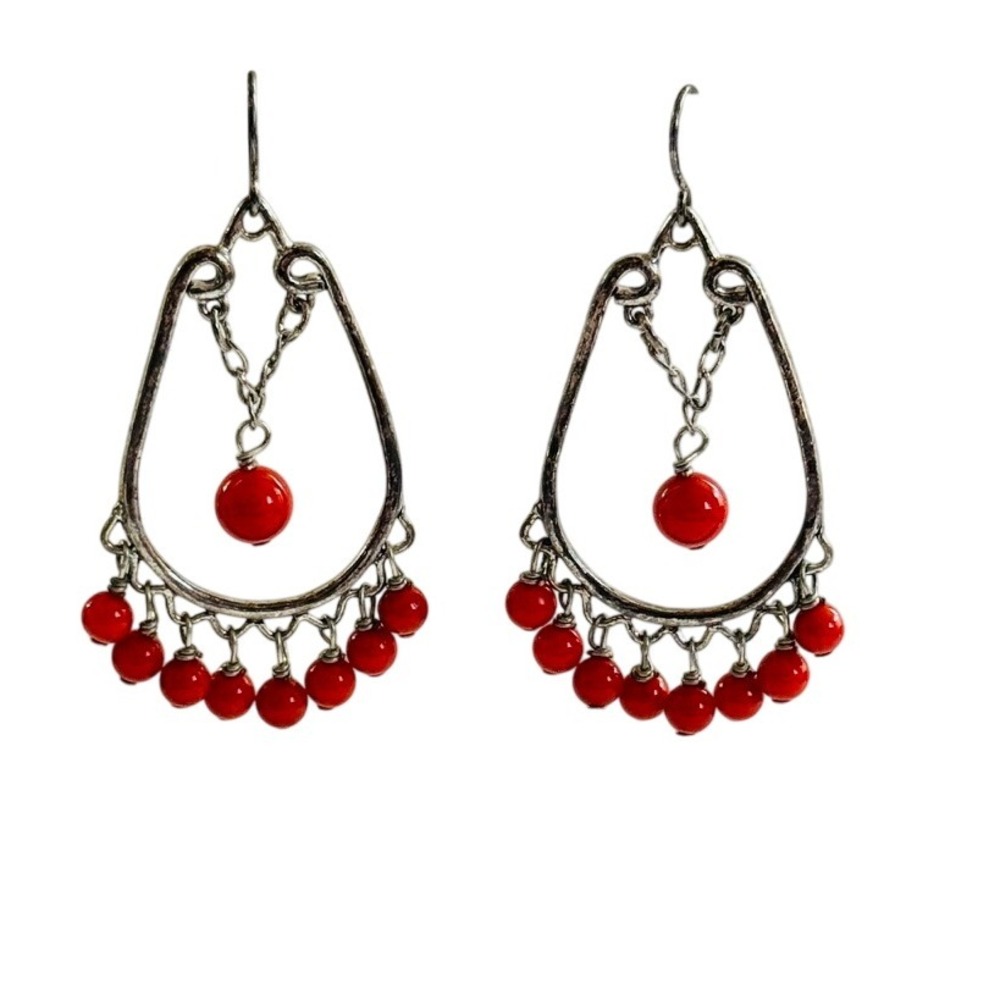 VTG Red salmon coral Earrings Dangle Pierced natural beads Silver 925 sterling